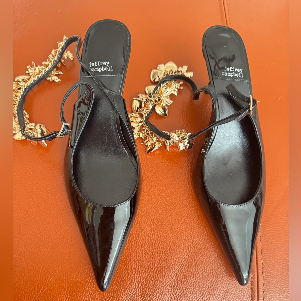 Jeffrey Campbell Black Patent Heels with Gold Accents ankle strap